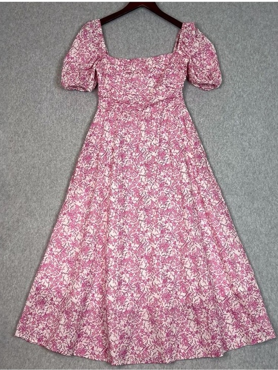 o.p.t Dresses & Skirts - Pink Floral Square-Neck Midi Dress with Puff Sleeves